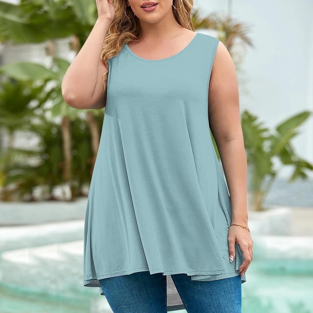 AherBiu Débardeurs d'Été Grande Taille pour Femmes Coupe Ample Col Rond Sans Manches Ourlet Mode Basique T-Shirt