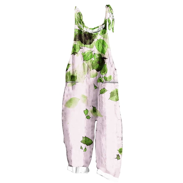 yoeyez Rompers for Women Summer,Ladies Print Summer Plus Size Long Jumpsuits Sleeveless Adjustable Straps Backless Overalls Jumpsuits With Pockets Green,S
