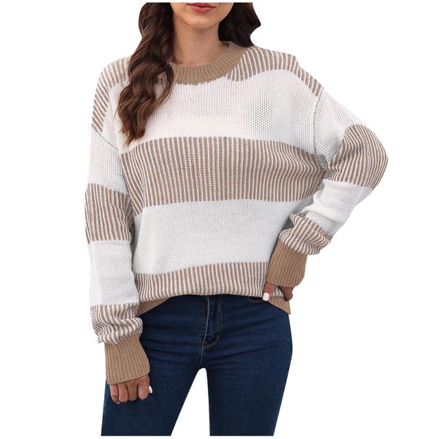 V Neck Sweaters for Women Sweaters for Women Fall Color Block Stripe Long Sleeve Ribbed Knit Sweater Loose Crew Neck Soft Pullover Winter Clothes S-34 Khaki L