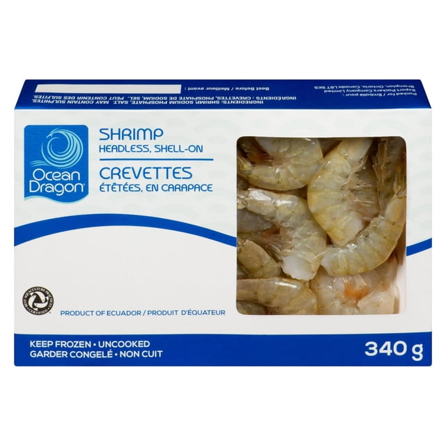 Maynila's Choice Crevettes Blanches Hipon Dragon Océan Sans Tête, Crevettes à Enrober, 340 g Emballées Congelées de l'Équateur, Certifiées BAP et Non Cuites, Montrant des Crevettes Crues Translucides à Travers une Fenêtre Transparente sur une Boîte Blanche et Bleue, Convenant aux Fruits de Mer Surgelés et à la cuisine Est-Asiatique, Souvent Utilisées dans les Plats de Sauté.