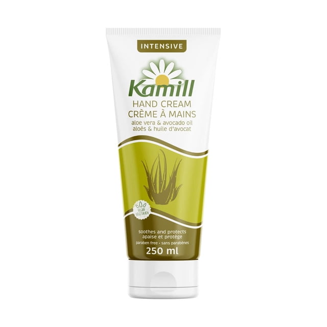 Kamill Hand Cream Intensive 250ml tube with aloe vera and avocado oil, vegan and paraben-free formula, designed to soothe, protect, and provide intensive moisture to dry or damaged hands with quick absorption.