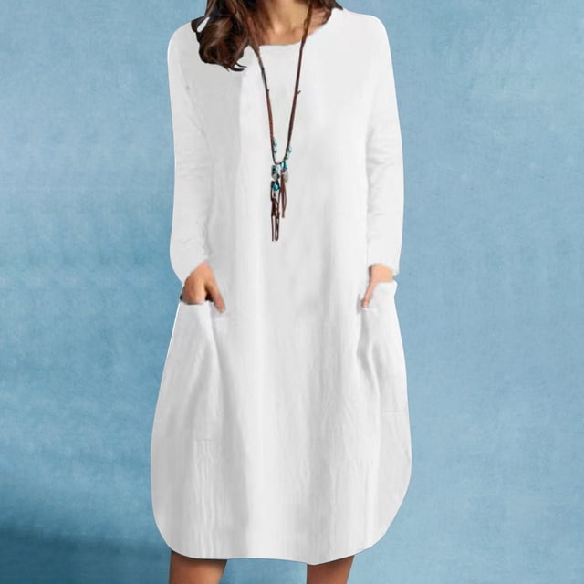 Robe de Bal Mode Décontractée Col Rond Manches Longues Coton Lin Robe Mi-Mollet Poche Robes Unies Robes de Soirée pour Femmes Élégante Chic en Liquidation