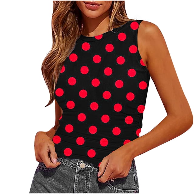 Plebaso Camisoles d'Été Ajustées pour Femmes à Imprimé Sans Manches à Col Ras du Cou T-Shirts Froncés Blouses Décontractées pour Femmes