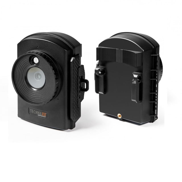 Technaxx TX-164 Battery Operated Time Lapse Camera in black shown from front and back, featuring a 4mm lens with built-in LED for night recording, textured side grip, and mounting bracket, suitable for outdoor security monitoring and smart home applications.