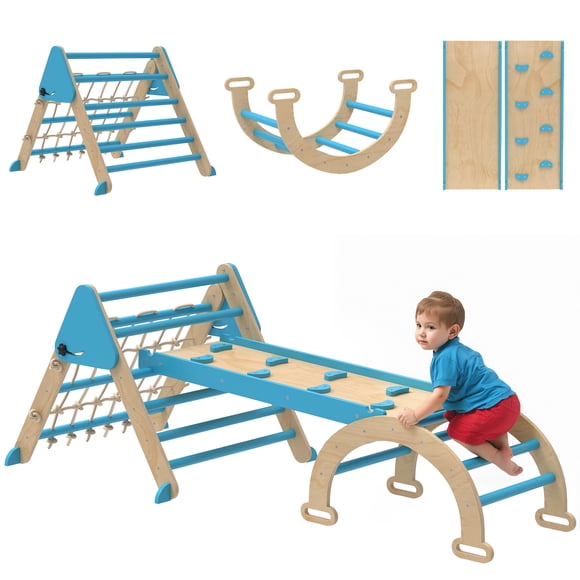 Qaba Ensemble Triangle Pikler Pliable 8-en-1 avec Arche, Rampe et Échelle, Bleu