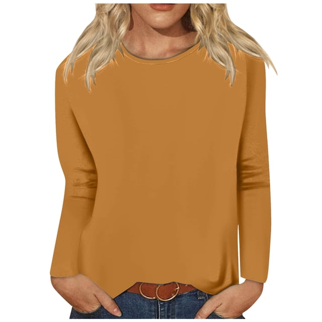 Timegard Womens Tops Long Sleeve Round Neck Solid Color Basic Tee Fall Casual Comfy Loose Tops Blouse