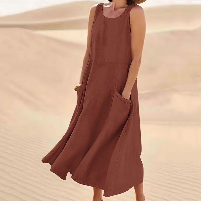 EQWLJWE Économies d'Été! Robes d'Été pour Femmes 2024 Décontractées Tendance, Robes pour Femmes Grande Taille en Liquidation Évasées, Robe Longue Sans Manches en Coton et Lin à Col Rond de Couleur Unie avec Poche