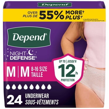 Sous-vêtements d’incontinence et fuites urinaires post-partum pour femmes adultes Depend Night Defense pour femmes, de nuit, taille moyenne, roses, 24 unités