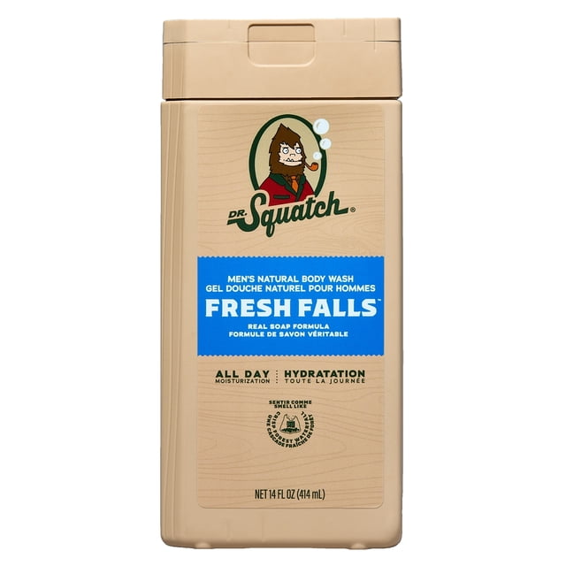 DR. SQUATCH Men's Non-Exfoliating Body Wash - Fresh Falls - 14 fl oz beige rectangular bottle with flip-top cap, wood-textured label featuring Dr. Squatch logo of a sasquatch smoking a pipe, blue panel highlighting 'Fresh Falls' scent, natural soap formula, and all-day hydration for men's daily use.