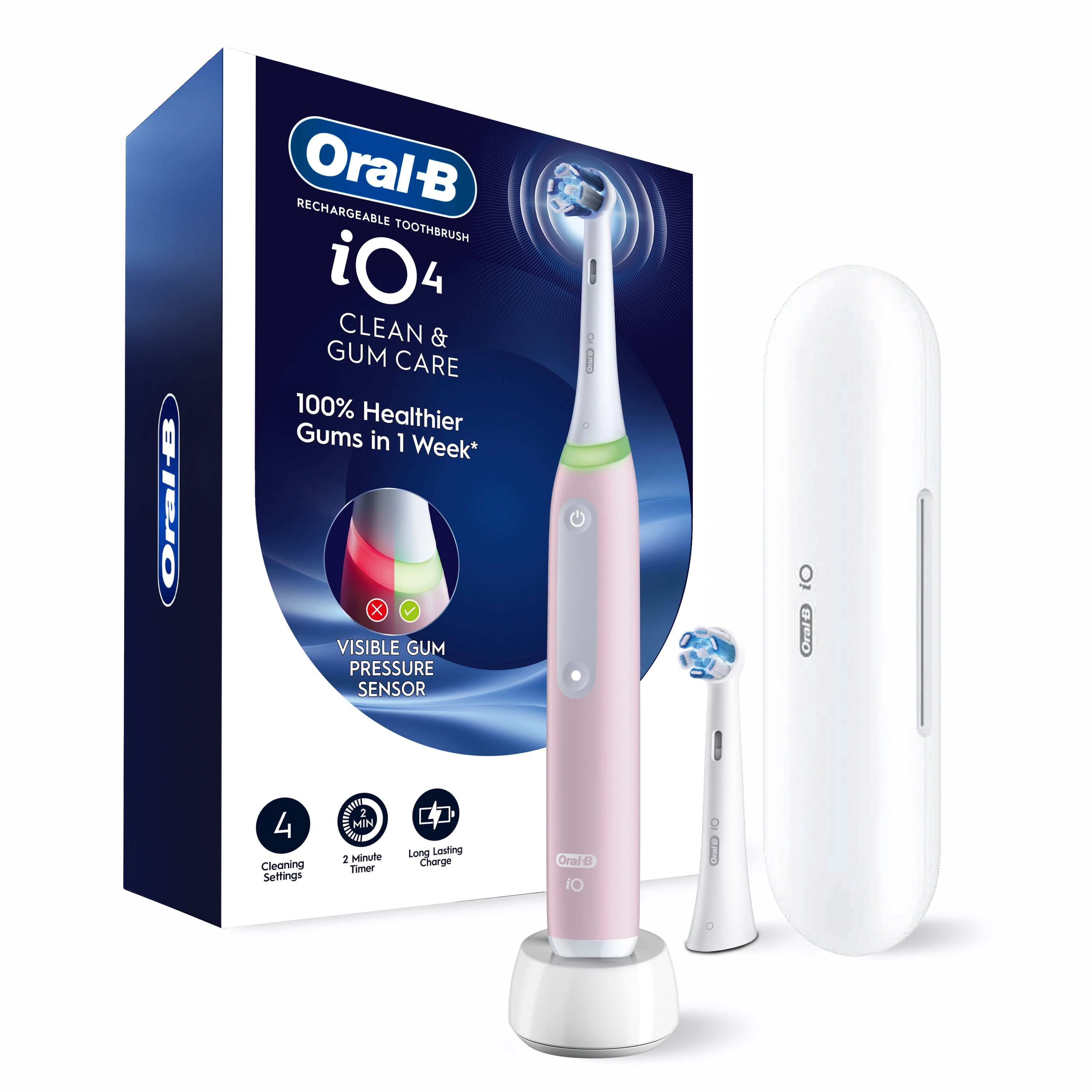 Brosse à dents électrique rechargeable Oral-B, iO4 Propreté et gencives, 4 modes de nettoyage, détecteur de pression visuel pour protéger les gencives, 2 brossettes, étui de voyage, rose
