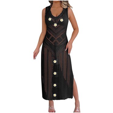 Besolor Robe Maxi Crochet Sans Manches pour Femmes, Robe Longue en Tricot à Fleurs Ajourée, Maillot de Bain de Plage