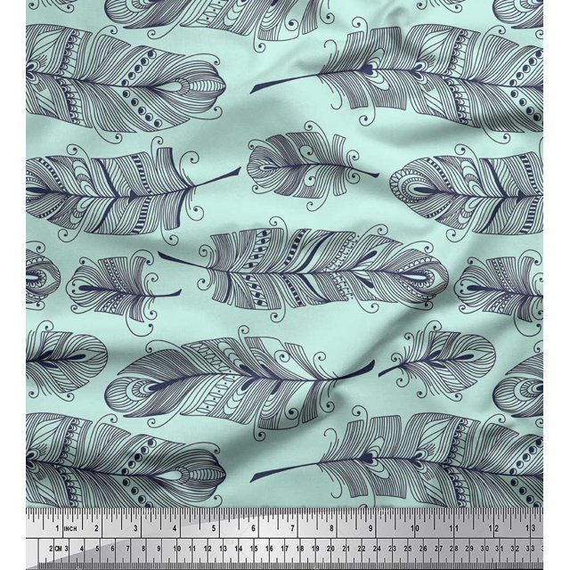 Soimoi Green Modal Satin Fabric Tribal Feather Printed Fabric 1 Yard 42 Inch Wide