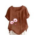 thumbnail image 1 of Pisexur Hauts pour Femmes, Chemisiers pour Femmes Chic Décontracté, Haut en Lin Décontracté pour Femmes à Col Rond Grande Taille Imprimé à Manches Courtes avec Boutons T-shirt Blouse Café, 2TG, 1 of 2