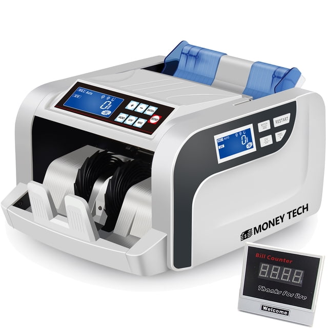 Money Tech Professional Polymer & Paper Multi-Currency Bill Cash Counter with dual LCD screens, UV counterfeit detection, and a large hopper for efficient counting of Canadian polymer and USD banknotes. Counts up to 1200 bills per minute with batch counting and auto start functions. Includes an external LED display and maintenance kit.