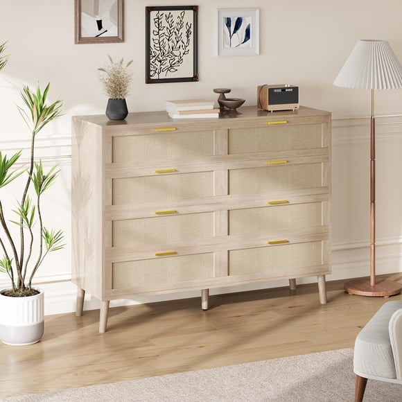 Commode en Rotin Naturel, Coffre en Bois à 8 Tiroirs, Rangement Style Ferme avec Poignées Dorées pour Chambre, Salon, Entrée – Fini Chêne