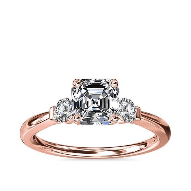 0.70 Carat Excellent Asscher Cut Real Diamond Latest Design Three Stone Engagement Ring for Ladies Solid 14K Rose Gold Size 7.5