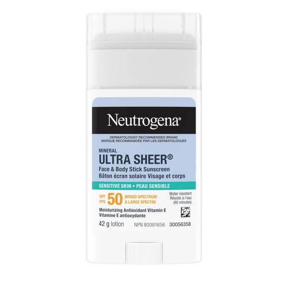 Bâtonnet écran solaire minéral Neutrogena Ultra Sheer FPS 50 avec oxyde de zinc et vitamine E hydratante – Protection large spectre visage/corps, résistant à l’eau 80 min, sans résidu blanc – 42 g