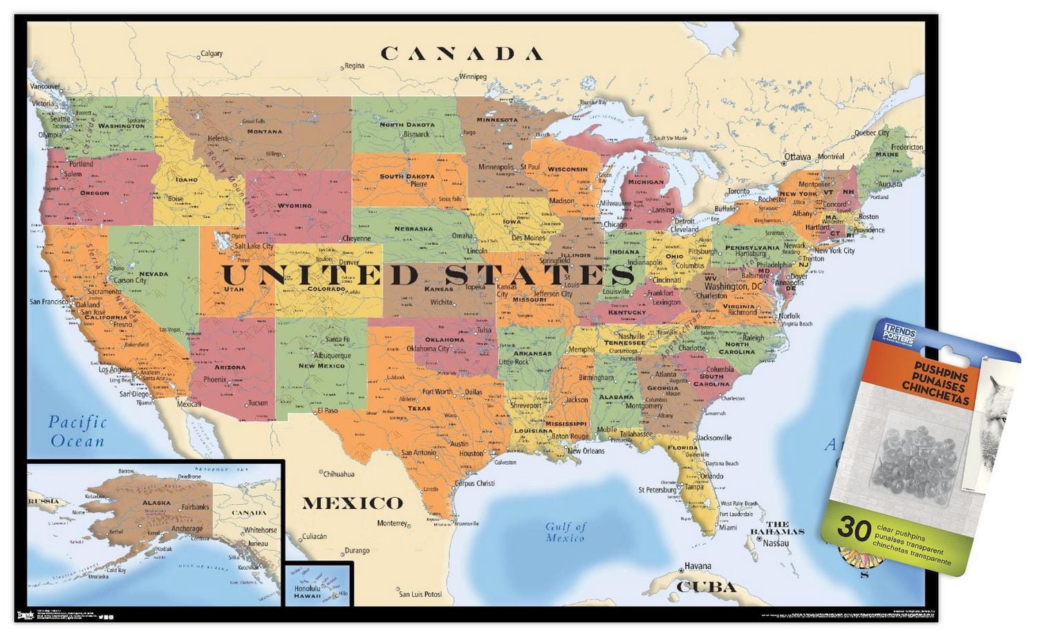 Map - USA Wall Poster, 22.375" x 34" Framed