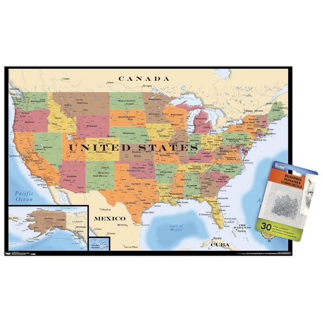 Map - USA Wall Poster, 22.375" x 34" Framed showing a detailed political map of the United States with each state in distinct colors labeled with major cities and capitals, including insets of Alaska and Hawaii. The poster has a black frame and satin finish. A pack of 30 clear pushpins is included, suitable for marking locations on the map, ideal for home or office wall decor.