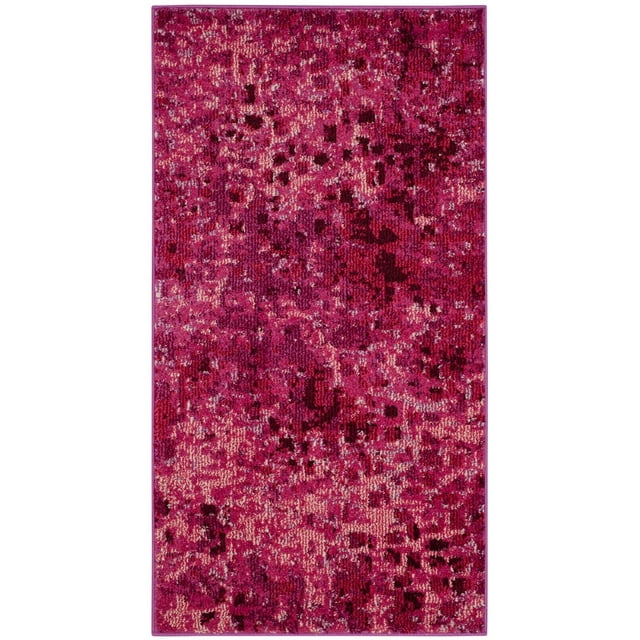 Safavieh Monaco Driskoll Abstract Area Rug in vibrant pink and magenta with an abstract erased-weave pattern, made of durable polypropylene with mixed high and low loop pile, ideal as an accent rug adding Bohemian style to home interiors.
