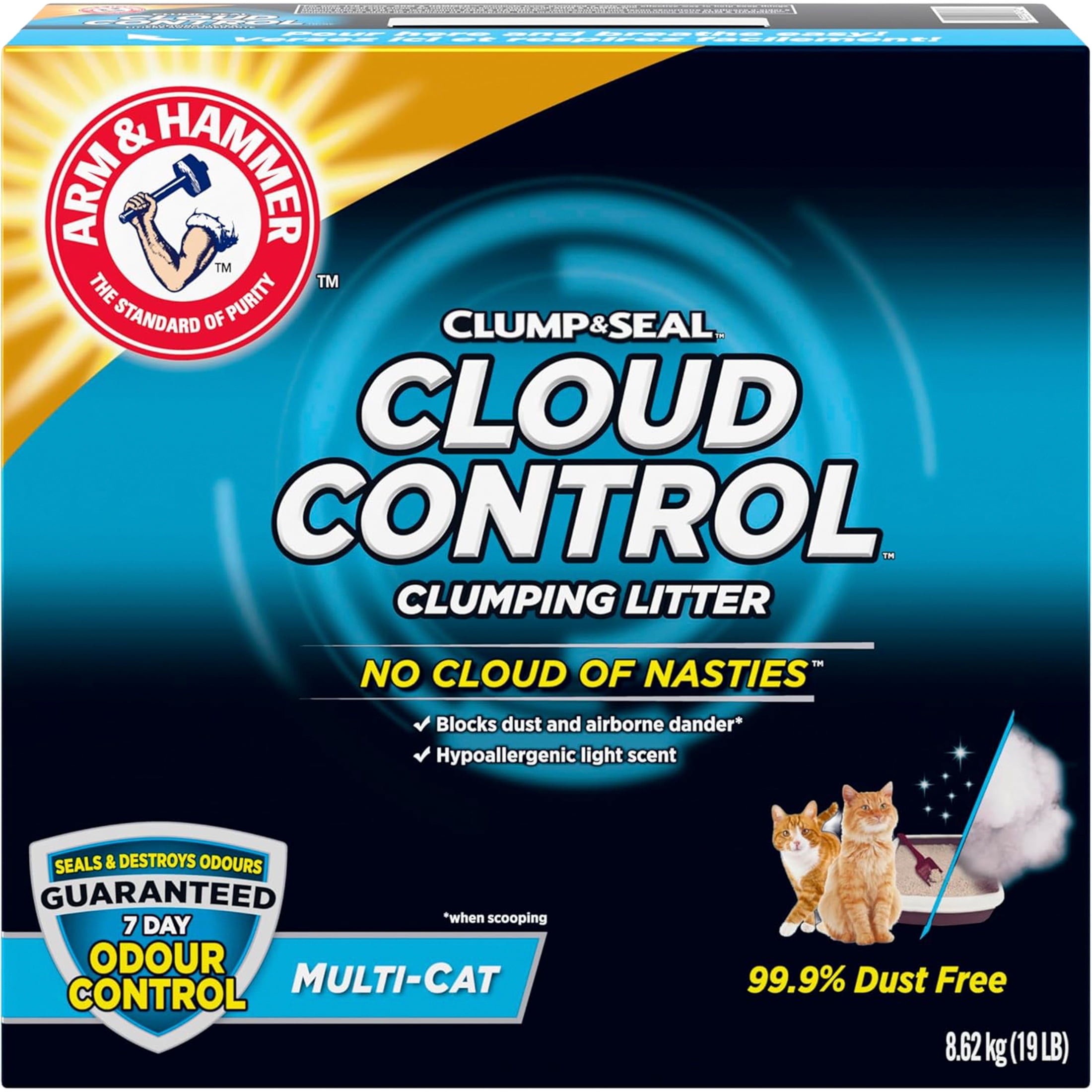 Arm & Hammer Cat Litter, Clump & Seal, Cloud Control, Multi-Cat, 7 Days of Odour Control, Dust Free, Clumping Clay Litter, 8.62 kg