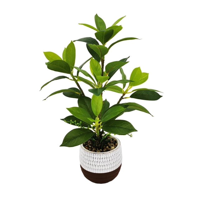 Lerman Decor's plant in cement pot with a faux green leafy plant featuring multiple stems in a two-tone stone planter with textured white upper half and smooth brown lower half, filled with decorative pebbles, ideal for enhancing indoor home or office décor.