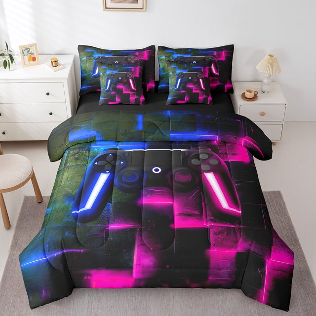 YST Gamepad Print Bedding Set, Contemporary 7-Piece Gamer Theme, King Size, Black Navy Blue Hot Pink, Abstract Square, Comforter Set