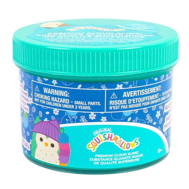 Original Squishmallows™ Winston the Owl Premium Cloud Slime in a teal resealable jar with blue raspberry scent, holographic glitter, and a rubber Winston charm, suitable for sensory play and easy storage for kids 6 and up.