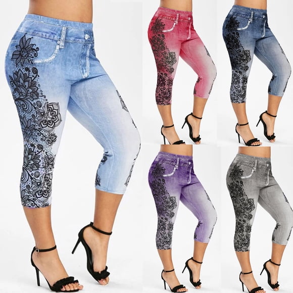 Aboser Womens Faux Jean Capri Leggings Boho Floral Print Yoga Leggings Athletic High Rise Cropped Pants Stretch Slim Fitted Capris Butt Lift Tummy Control Legging
