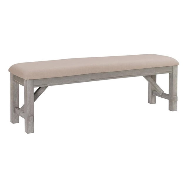 Pemberly Row Sturdy Wood Bench Tan Upholstered Seat in Grey Oak Stain