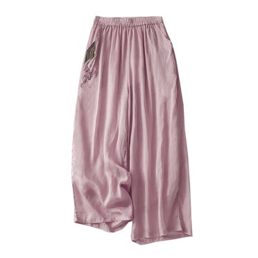 Timegard Wide Leg Pants pour Femmes Taille Élastique Broderie Ample Fluide Décontracté Voyage Pantalon avec Poches