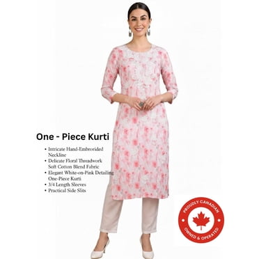 DWEEP SARA Women’s White Cotton Blend Embroidered Straight Kurta 3XL Ethnic Printed Tunic Top 3/4 Sleeves Round Neck Festive Wear