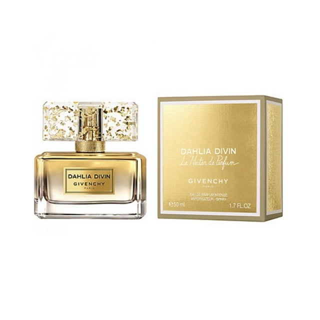 Givenchy Dahlia Divin Le Nectar de Parfum Intense Eau De Parfum for Her, 75ml. A luxurious golden fragrance bottle with a transparent cap adorned with gold flakes, paired with a matching gold-toned box featuring the product name and brand details.