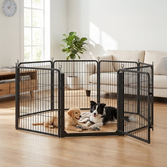 LEDREM Heavy Duty Dog Playpen with Door, 66.9" Steel Pet Fence, Rust-Resistant Exercise Pen for Indoor Outdoor, Matte Black