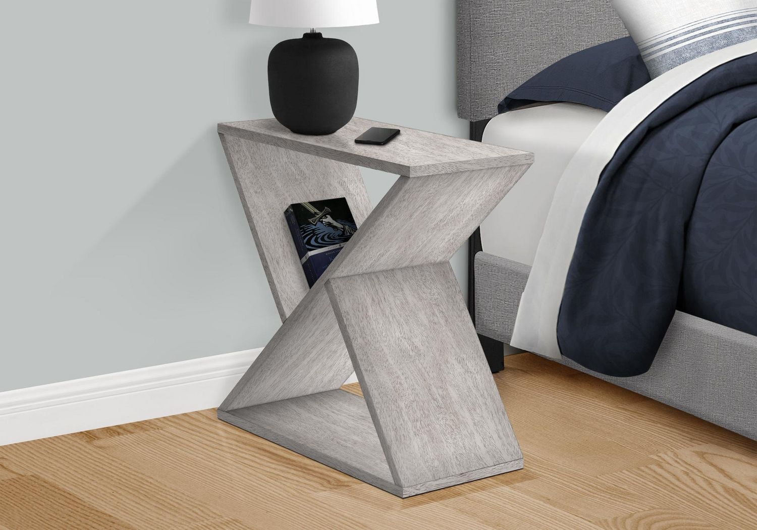 Monarch Specialties Table D'appoint, Coté, Bout, Table De Nuit, Étroit, Petit, Chambre À Coucher, Salon, Lampe, Placage Gris, Contemporain