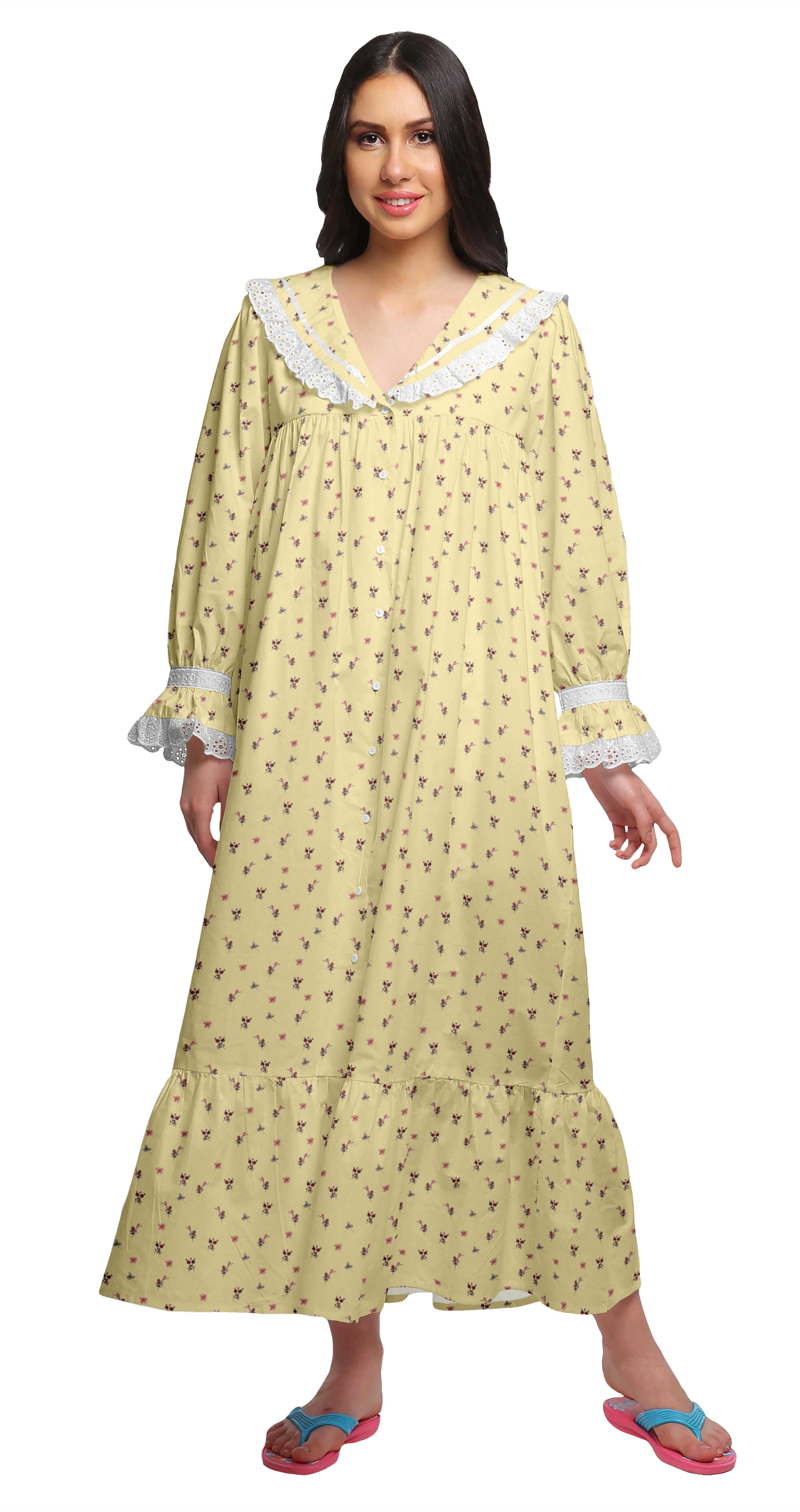 Moomaya Printed Long Sleeve Maxi Nightdress Button Down Cotton Sleepwear Gown