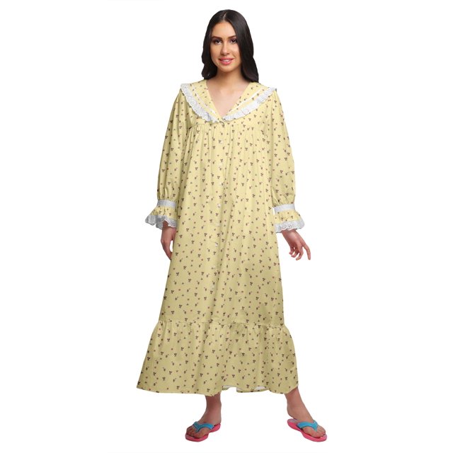 Moomaya Chemise de Nuit Maxi à Manches Longues Imprimée, Boutonnée, en Coton, Tenue de Sommeil