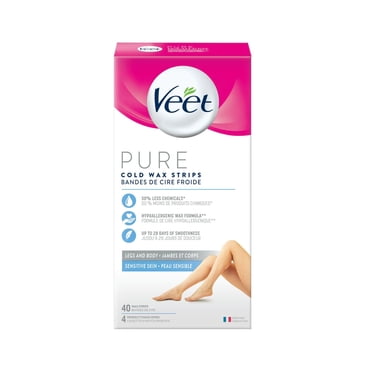 VEET® PURE Bandes de Cire à Froid pour Jambes et Corps, Peau Sensible, 40 unités + 4 Lingettes