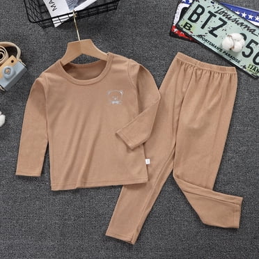 Kids Thermal Underwear Elastic Long Sleeve Round Neck Autumn Winter Office School Outdoor Warm Tops Bottom Suit for Boys Brown 150cm