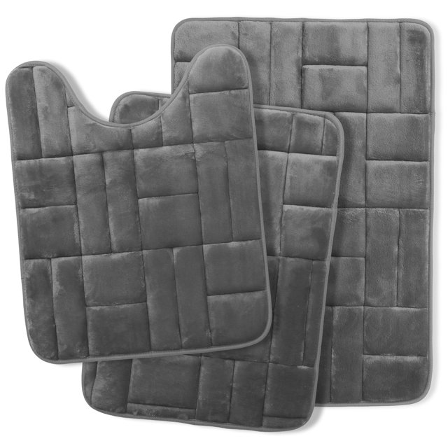 Clara Clark Bathroom Rugs, Velvet Memory Foam Bath Mat, Ultra Soft Non Slip and Absorbent - Tiled - Set Small, Large & Contour - Gray