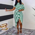 thumbnail image 1 of MesaSe Ladies Sexy Slant Collar Off Shoulder Waist Striped Irregular Slit Dress, 1 of 6