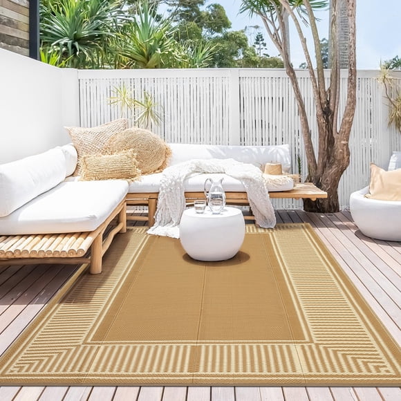 Waterproof Reversible Outdoor Area Rug 9x12ft - Lightweight Plastic Straw Mat - UV Resistant, Easy Clean - For Backyard, Deck, Camping, Porch, Picnic, Balcony - USA Spec