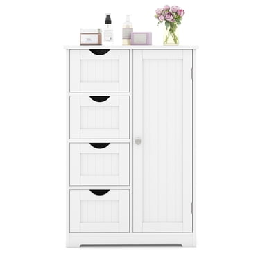 Gymax Armoire de Rangement de Salle de Bain au Sol en Bois, Unité de Rangement Autoportante pour Salle de Bain avec 1 Porte et 4 Tiroirs