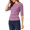 thumbnail image 4 of INSPIRE CHIC Chemises Rayées pour Femmes Coupe Ajustée Manches au Coude T-Shirt à Encolure Bateau m Rouge Rose, 4 of 6