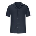 thumbnail image 3 of EOYWHK Mens Cotton Linen Shirts Short Sleeve Summer Ribbed Knit Button Down Cardigan Solid Color Collared Lapel Office Blouse Workwear Beachwear, 3 of 5