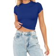 thumbnail image 2 of JIRNDf Hauts pour Femmes T-Shirts d'Été Tendance Mode Manches Courtes Mignon Court Basique Col Rond Coupe Ajustée Blouse pour Femmes Tunique Décontractée Hauts Bleu Foncé m, 2 of 5