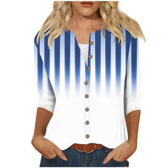 cfhntfmh 3/4 Length Sleeve Womens Tops Fashion V Neck Loose Printed Cardigans Lounge Buttons down Blouses
