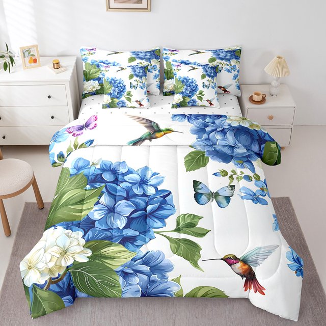 Flower Bedding Comforter Sets 7Pcs Hummingbird Butterfly Bed In A Bag,Navy Blue Floral Queen Bedding Sets Spring Botanical And Animal Themed Sheet Set With Comforter Kids Girls Bedroom Decor
