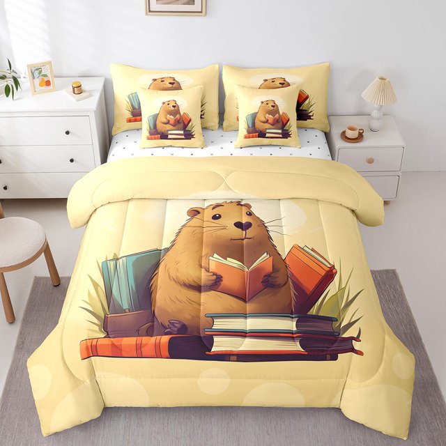 YST Ensemble Douillette Mignon Capybara Brun 7 Pcs, Lecture Capybara avec Livres, Polyester, Format Double (1 Unité)