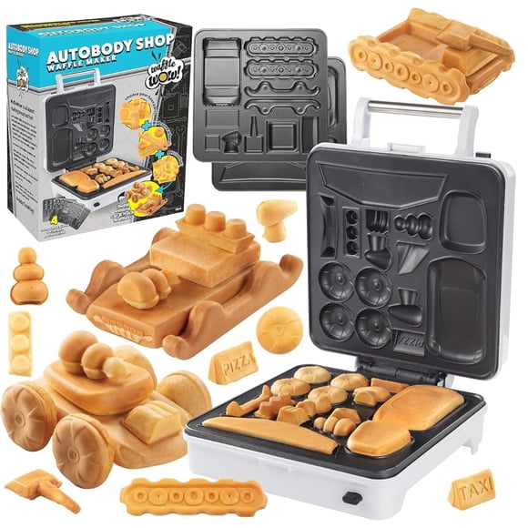 Auto Body Shop Waffle Maker- Mix & Match 20+ Custom Shaped Pieces to Build Cars, Trucks or Vehicles Out of WAFFLES! Breakfast Kids Adults Fun- Nonstick Cleanup w 4 Removable Plate